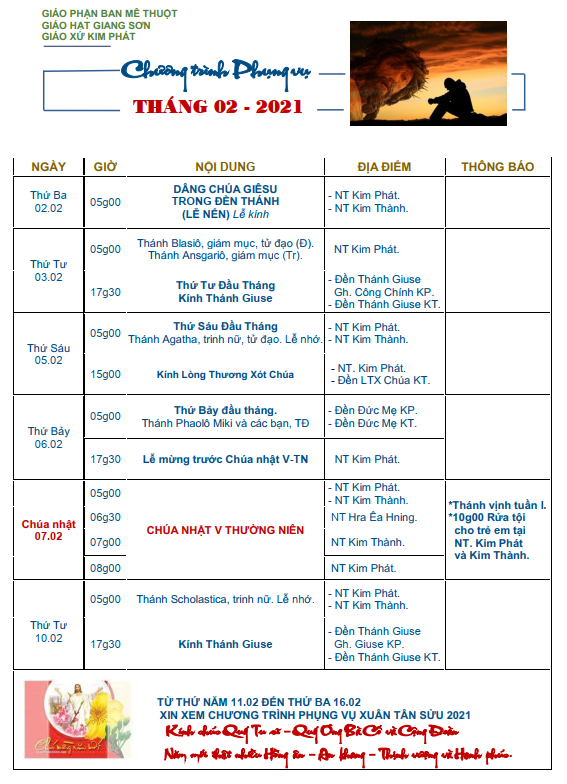 Lịch Phụng Vụ Tháng 2-2021